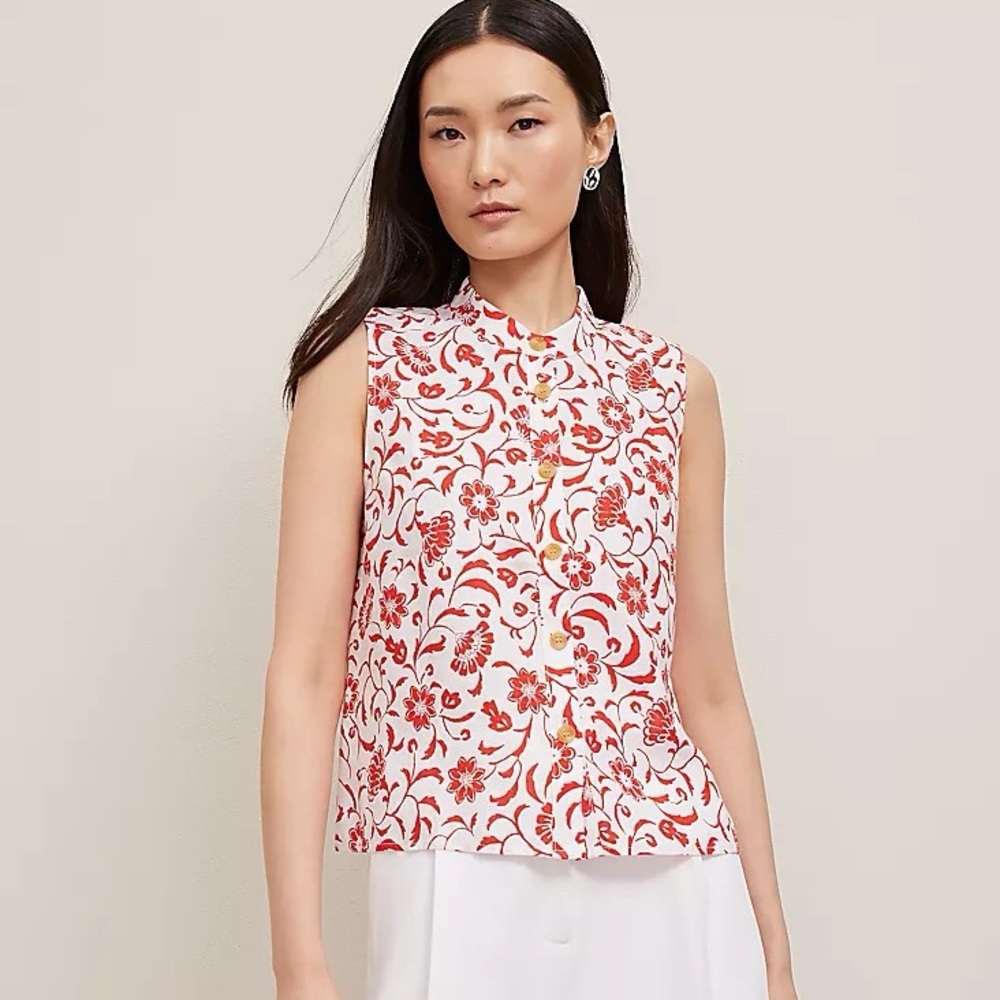 Ann Taylor Floral Linen Sleeveless Shirt